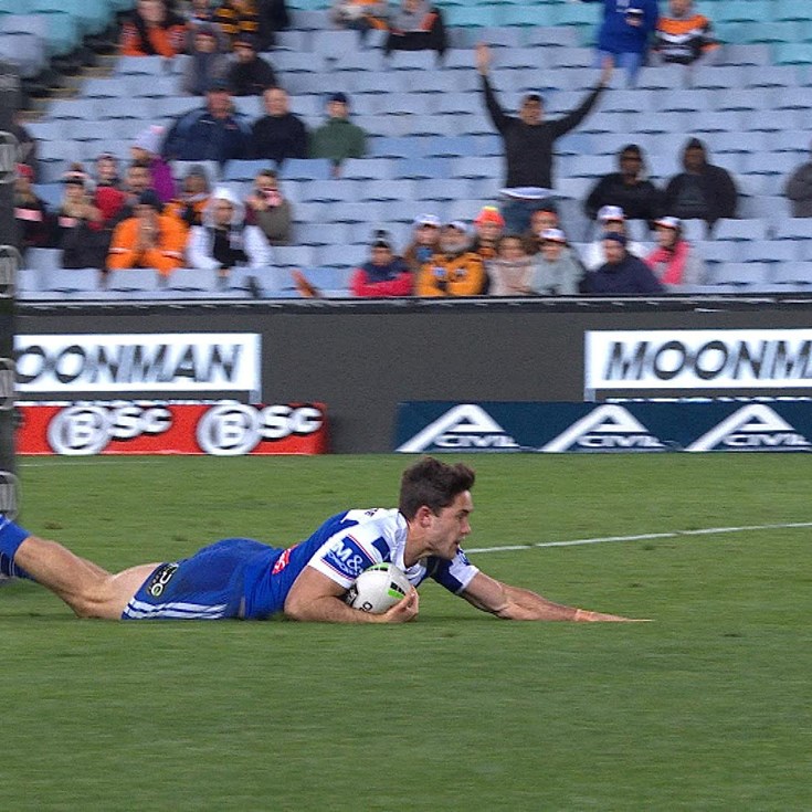 Meaney intercepts a Marshall pass and runs 90 metres